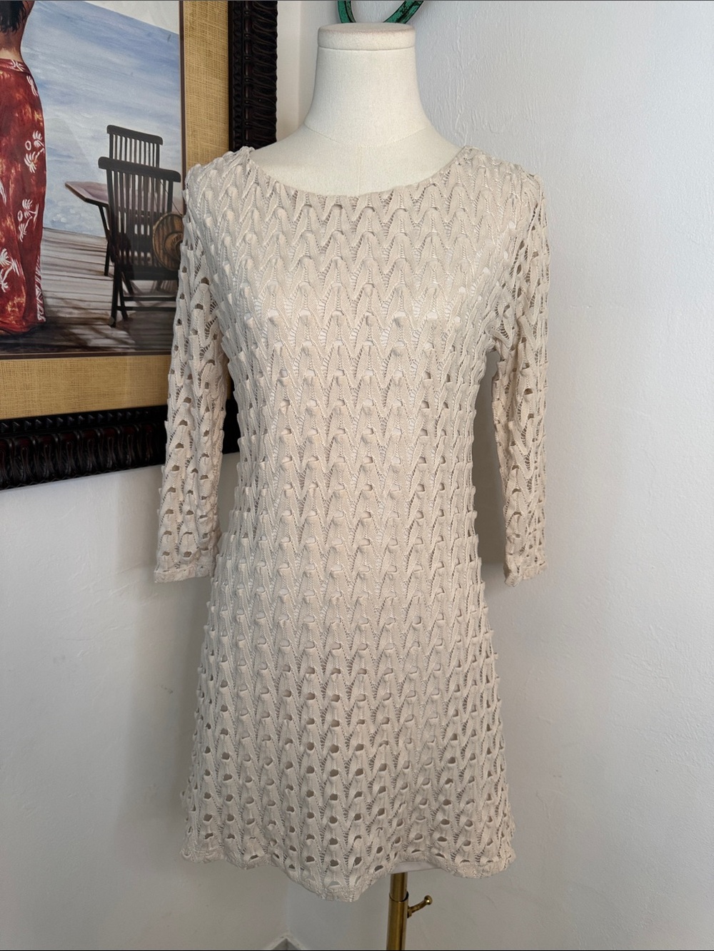 Red Camel Ivory Open Knit Crochet Sweater Dress Cover-Up Size Medium